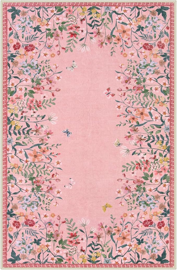 Wonnitar Washable 4x6 Rug, Pink Rugs for Girls Bedroom, Soft Non-Slip Nursery Area Rug, Floral Rugs Kids Room Low Pile Throw Carpet for Dorm Decor (Pink,4'x6')