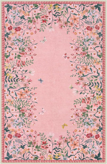Wonnitar Washable 4x6 Rug, Pink Rugs for Girls Bedroom, Soft Non-Slip Nursery Area Rug, Floral Rugs Kids Room Low Pile Throw Carpet for Dorm Decor (Pink,4'x6')