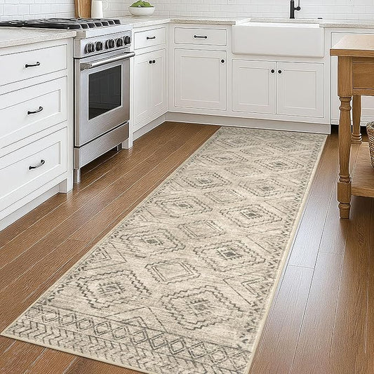 KILOCOCO Hallway Runner Rug 3'x8' Runners for Hallways Washable Runner Rug Non Slip Rubber Backed Low-Pile Runners for Bedroom Kitchen Living Room Laundry Room Boho Rugs, Beige/Gray/Green