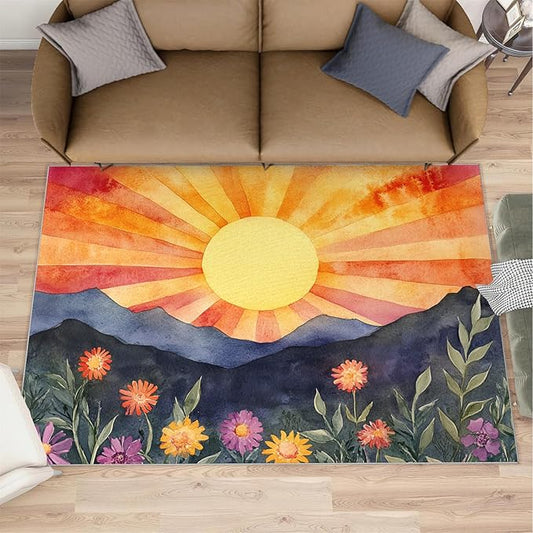 Boho Sun Area Rugs 3x4ft, Radiant Sunburst Kids Bedroom Rug, Geometric Solar Bedside Rug Durable Non Slip for Cafe Living Room Under Table Boys Room Decor