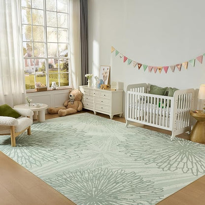WITSHOCK 10x14 Washable Rug for Living Room,Modern Floral Distress Print Pattern Area Rugs,Stain Resistant with Non Slip Backing Carpet for Dining Room,Bedroom & Home Decor,Green/Light Green