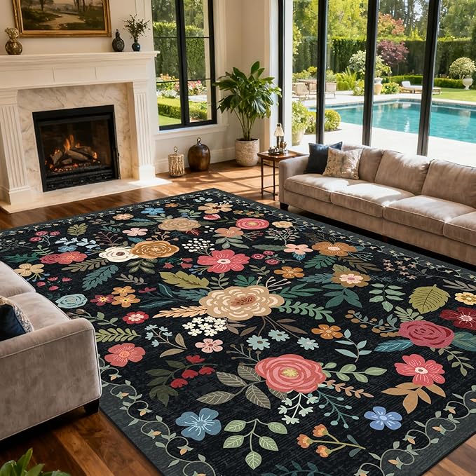 Area Rug for Living Room, 10x12 Large Washable Rugs for Dining Room, Bedroom, Non Slip Stain Resistant Carpet, Low Pile Vintage Floral Rug (Black)