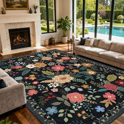 Area Rug for Living Room, 10x12 Large Washable Rugs for Dining Room, Bedroom, Non Slip Stain Resistant Carpet, Low Pile Vintage Floral Rug (Black)