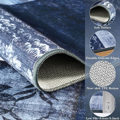 DweIke Washable Area Rugs for Living Room, 6x9 Large Bedroom Rugs, Geometric Print Non Slip Low Pile Indoor Throw Carpets for Bedroom Apartment Dining Room Home Office Hardwood Floor, Navy Blue
