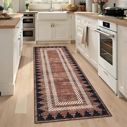 Modern Bordered 2x6 Kitchen Runner Rugs Non Slip Washable Geometric Non-Shedding Carpet for Entryway Hallway Foldable Soft Stain Resistant Low Pile Rug for Dining Room Bedroom, Brick Red