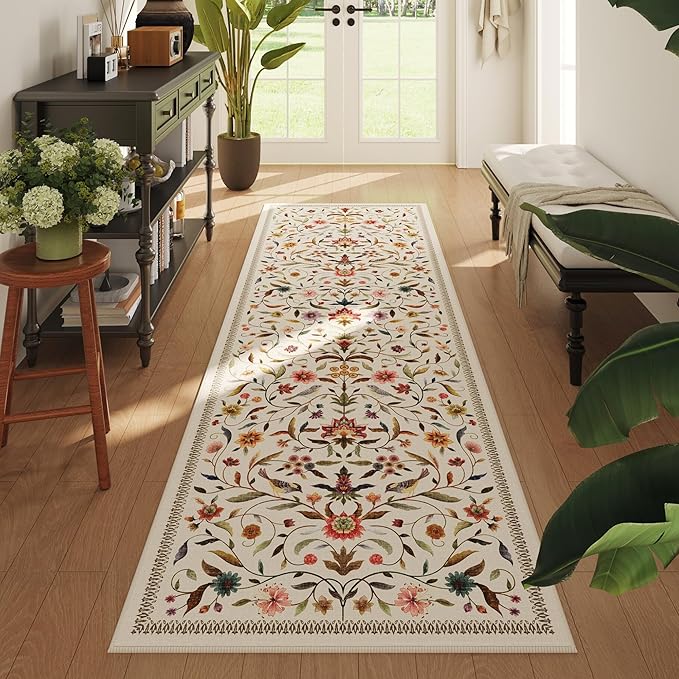 Vintage Medallion Floral Washable Runner Rug 2'7"x8', Non-Slip Low Pile Soft Carpet for Hallways, Laundry, Bedroom, Bathroom, Entryway | Beige