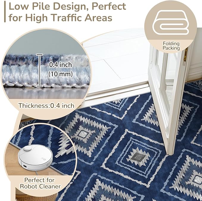 Area Rug 9x12 Rug Machine Washable Non-Slip Low Pile Print Pattern Western Rug for Living Room Bedroom Entryway Tribal Series -Blue/Gray