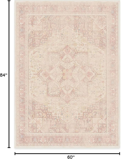 RUGGABLE Washable Area Rug – Kamran Soft Pink 5x7, Stain-Resistant, Non-Slip – Medium Machine Washable Rugs for Living Room, Bedroom, Hallway, Entryway & Office–with Standard Pad