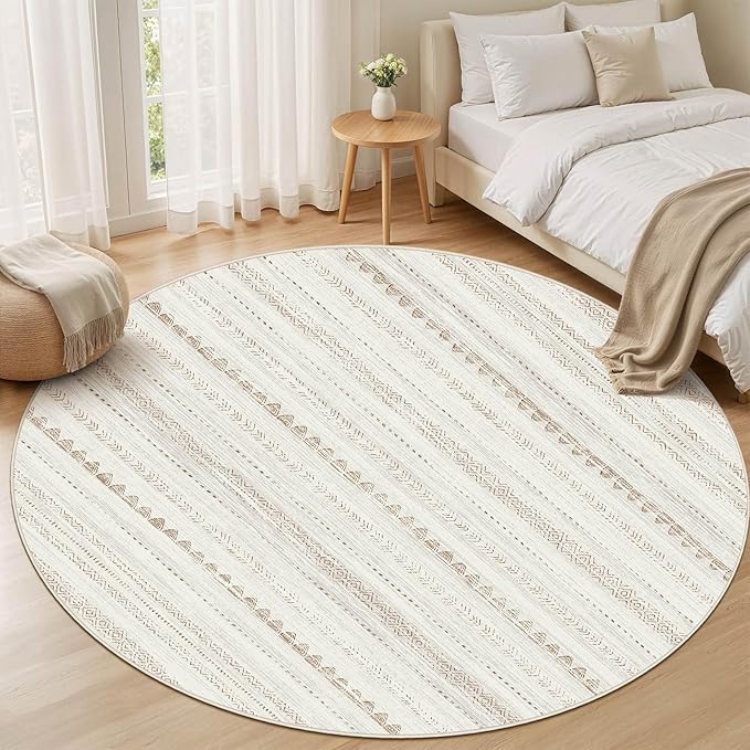 Nakagishi Round Rug Boho Area Rugs: 8x8 Washable Large Circle Neutral Soft Stain Resistant Non-Slip Carpet for Women Aged 25-45 Farmhouse Decor Enthusiasts - Living Room Bedroom Dining Room Nursery