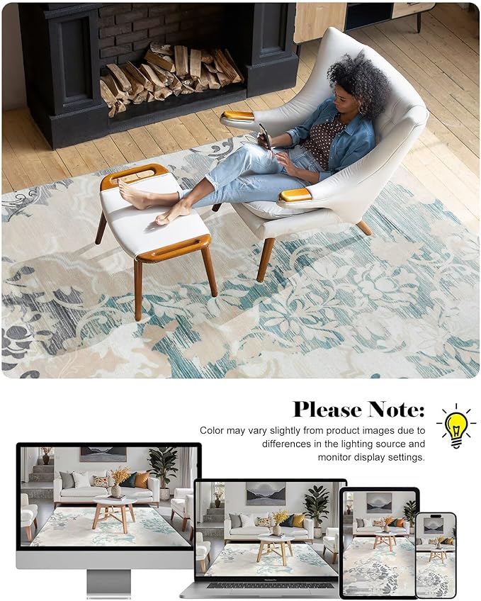 Washable Abstract Rug, 4x6 Ivory and Aqua Floral Area Rugs with Non-Slip Rubber Backed for Bedroom, Low Pile Modern Throw Carpet Kitchen Living Room Decor