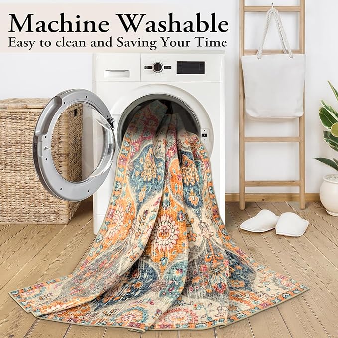 Lahome Moroccan 5x8 Area Rug, Ultra-Thin Washable Rugs for Living Room Bedroom, Soft Large Oriental Non-Slip Non Shedding Throw Large Carpet for Dining Room Office, Cream/Multi