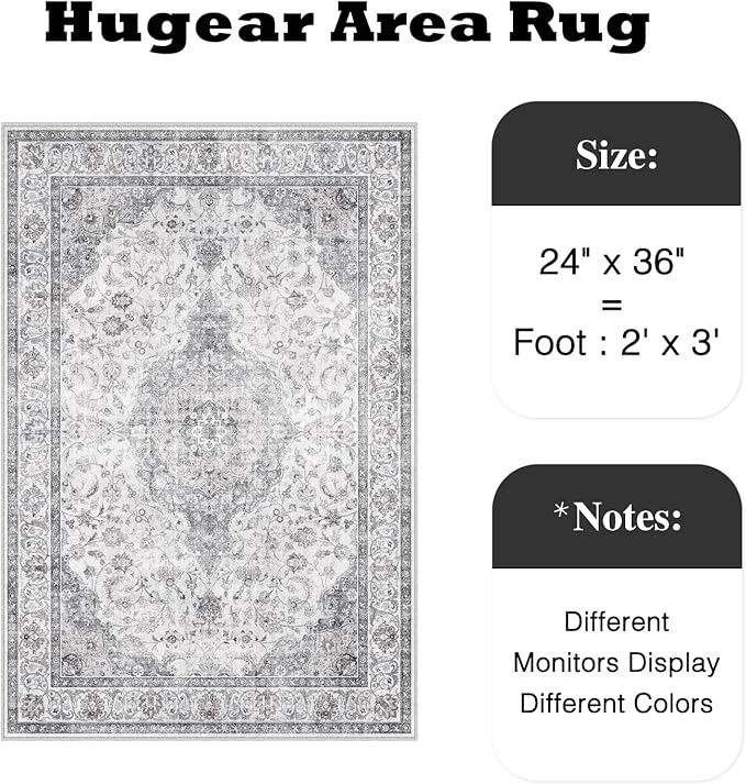 HUGEAR 2x3 Entryway Area Rug Vintage Grey Small Rug Machine Washable Door Mat Neutral Floral Low Pile Carpet Vacuumable Thin Throw Rug Entrance Kitchen Bathroom Bedroom Non Slip Lightweight