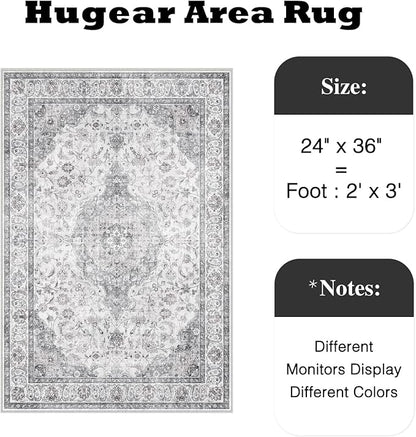 HUGEAR 2x3 Entryway Area Rug Vintage Grey Small Rug Machine Washable Door Mat Neutral Floral Low Pile Carpet Vacuumable Thin Throw Rug Entrance Kitchen Bathroom Bedroom Non Slip Lightweight