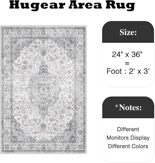 HUGEAR 2x3 Entryway Area Rug Vintage Grey Small Rug Machine Washable Door Mat Neutral Floral Low Pile Carpet Vacuumable Thin Throw Rug Entrance Kitchen Bathroom Bedroom Non Slip Lightweight