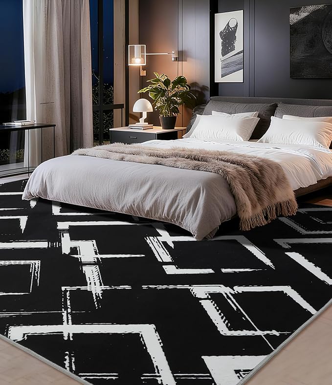 YIHOUSE Black Modern Geometric Area Rug 5x7, Black and White Rug with Abstract Diamond Patterns,Non-Shedding Washable Rugs for Bedroom, Home Office and Small Living Room