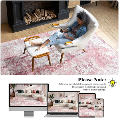 Washable Abstract Rug, 8x10 Modern Area Rugs with Non-Slip Rubber Backed for Living Room, Thin but Soft Contemporary Carpet Kitchen Bedroom Dining Room Decor, Pink