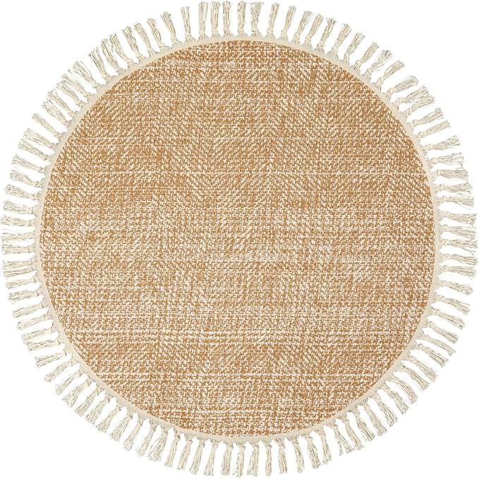 Collive Hand Woven Round Area Rug Soft Cotton Machine Washable Carpet 3ft Farmhouse Rugs with Tassels, Tan/Cream Circle Rugs for Bedroom Living Room Dining Room Table Office