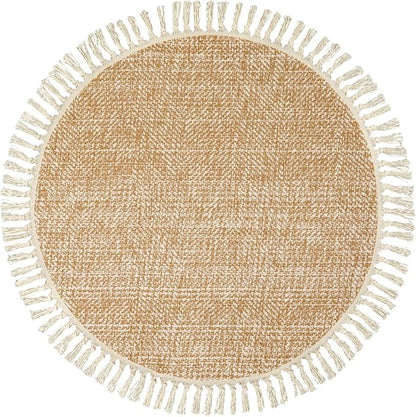 Collive Hand Woven Round Area Rug Soft Cotton Machine Washable Carpet 3ft Farmhouse Rugs with Tassels, Tan/Cream Circle Rugs for Bedroom Living Room Dining Room Table Office