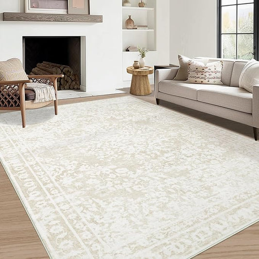 Vintage Living Room Area Rug - 5x7 Large Machine Washable Boho Area Rug Distressed Floral Rugs for Bedroom, Soft Non-Slip Indoor Floor Accent Rugs for Office Dining Room (Cream Beige, 5'x7')