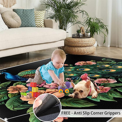 Peacock Peony Rugs for Bedroom - 5x8 Rug, Classic Peacock Peony Area Rugs for Living Room, Teal Turquoise Carpet, Floral Plant Washable Area Mat, Aesthetics Carpet - Peafowl Home Decor & Gifts