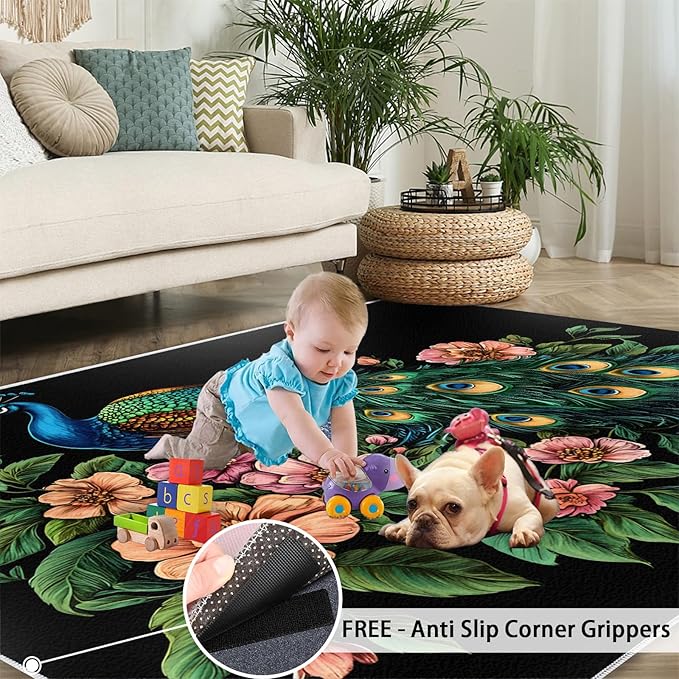 Peacock Peony Rugs for Bedroom - 8x10 Rug, Classic Peacock Peony Area Rugs for Living Room, Teal Turquoise Carpet, Floral Plant Washable Area Mat, Aesthetics Carpet - Peafowl Home Decor & Gifts