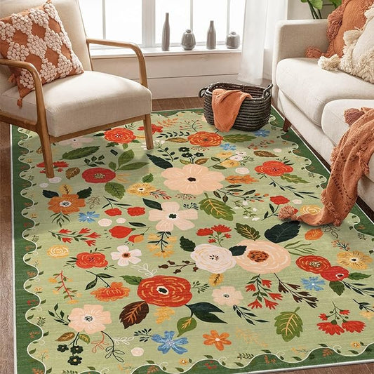 U'Artlines 5x7ft Vintage Floral Area Rug Machine Washable Ultra Soft Low Pile Non Slip Non Shedding Accent Floor Carpet for Living Room, Bedroom, Dining Room, Office (Green)