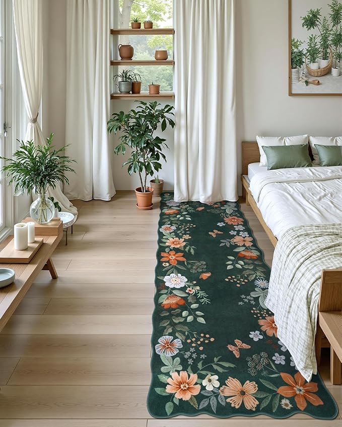 Lahome Floral Washable Runner Rug, 2'6''x8' Soft Hallway Runner Rug Non Slip, Boho Ultra-Thin Kitchen Runners for Hallways Carpet for Laundry Bedroom Bathroom(Dark Green)