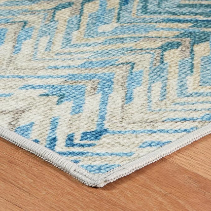 Dash & Albert Seneca Blue Machine Washable Rug, 3 X 5 Feet, Blue Graphic Pattern