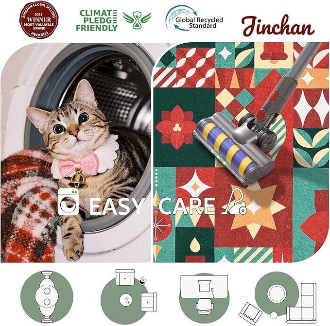 jinchan Round Christmas Rug 6ft for Living Room Washable Circle Christmas Dining Room Rug 6' Round Xmas Geometric Non-Slip Soft Carpet Festive Red-Green Holiday Patch Decor for Bedroom Porch Foyer