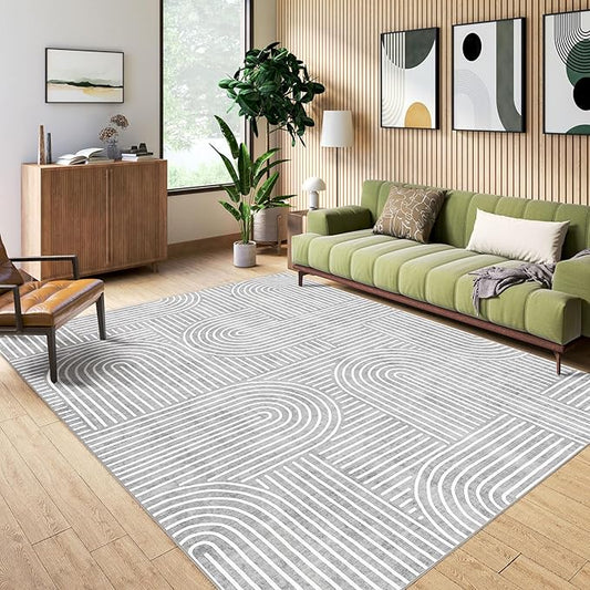 Washable Area Rug 8x10 - Large Grey Boho Rugs for Living Room Soft Abstract Bedroom Rug Ultra-Thin Modern Rainbow Carpet Dining Room Nursery Room Home Decor