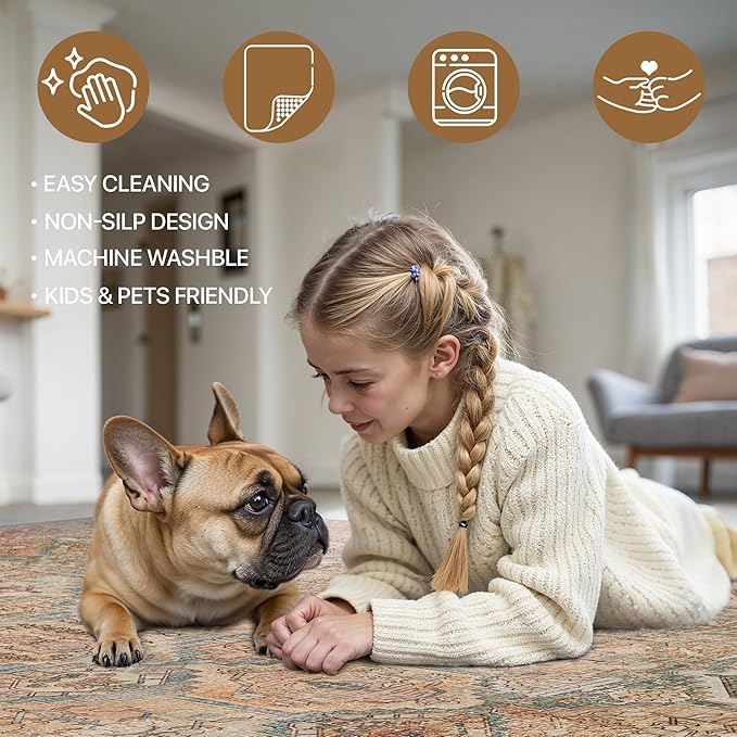 Bavni Runner Rug 2x10 Kitchen Rug for Hallways Entryway, Washable Rug Vintage Print Carpet, Ultra-Thin Chenille Low Pile Lightweight Rug with Non Slip Backing, Clay