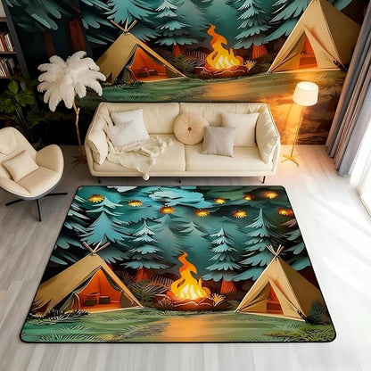 Camping Area Rug 3x5 Woodland Camp Rugs for Living Room | Vintage Camfire Tent Washable Rug, Camper Decor Rustic Carpet Indoor Floor Mat,Farmhouse Decor