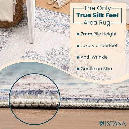 Istana Area Rug 2x4 - White Cream & Blue 2x4 Washable Rug Non Slip - Pet Friendly Living Room Rug - Non Shedding Washable Rugs for Bedroom - Foldable Bathroom Rugs