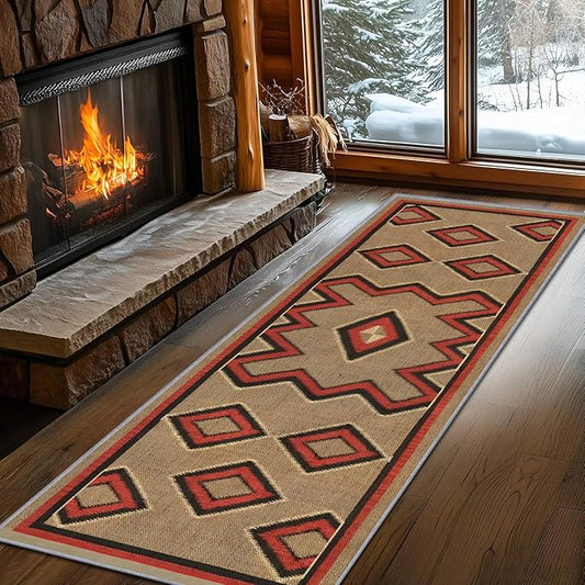 Brown Base Red Black Diamond Runner Rug, 2x8ft Zigzag Pattern Hallway Runner Rug, Corridor & Foyer High-Traffic Area Rugs, Durable Flannel Carpet Non-Slip Mat, Southwestern Home Decor