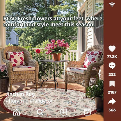 jinchan Elora 4ft Floral Round Rug for Entryway Washable Kitchen Rug Vintage Romance Design Non Slip Indoor Doormat Lightweight Low-Profile Throw Carpet for Living Room Dining Room Bedroom, Red/Beige