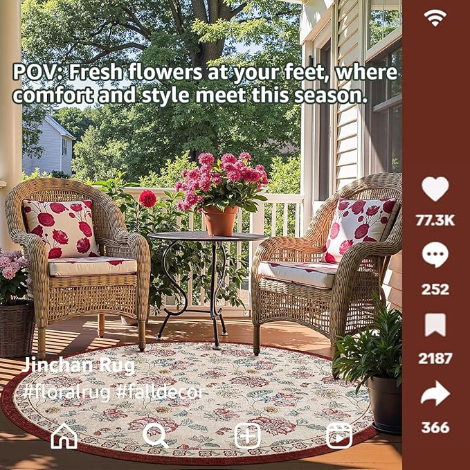 jinchan Elora 6ft Floral Round Rug for Dining Room Washable Living Room Rug Vintage Romance Design Non Slip Indoor Floor Cover Lightweight Low-Profile Throw Carpet for Bedroom Porch Patio, Red/Beige