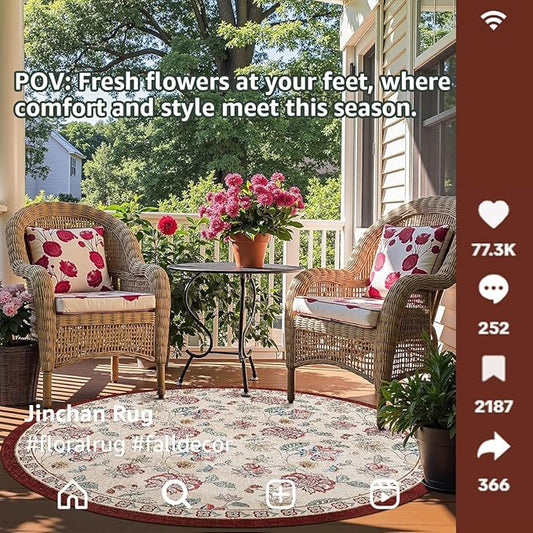 jinchan Elora 6ft Floral Round Rug for Dining Room Washable Living Room Rug Vintage Romance Design Non Slip Indoor Floor Cover Lightweight Low-Profile Throw Carpet for Bedroom Porch Patio, Red/Beige