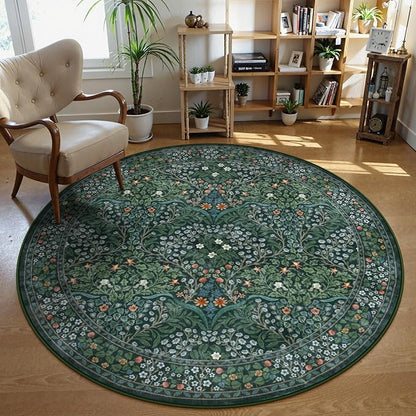 Lahome Floral Washable Round Area Rug, Soft Round Rugs 6ft Ultra-Thin Non-Slip, Boho Stain Resistant Large Circle Carpet for Bedroom Living Room Kitchen Nursery, Dark Green