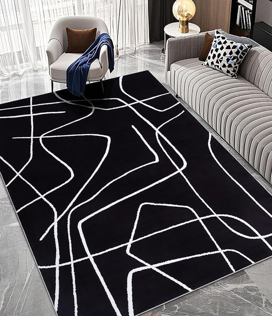 YIHOUSE Modern Washable Area Rug for Living Room Bedroom - Large Abstract Black and White Rug Non-Slip Ultra-Thin Home Decor (Dark Abstract, 5'x7'ft)