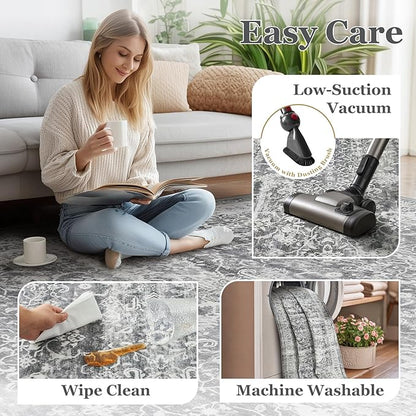 Grey Entryway Rug Indoor, 2x3 Small Door Rugs for Entry Way/Kitchen/Bathroom, Washable Non Slip Low Pile Thin Door Mat Indoor Entrance, Vintage Neutral Gray and Ivory Rug with Decorative Fringe