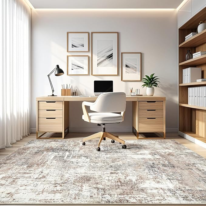 7x9 Area Rug Living Room: Machine Washable Large Abstract Soft Rugs Stain Resistant Indoor Floor Non Slip Accent Carpet for Bedroom Nursery Playroom Office Dining Room Dorm Home House- Brown