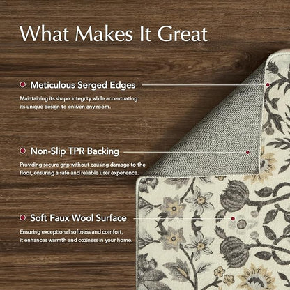 EVERGRACE Hallyway Area Runner Rugs 2x6, Boho Floral Faux Wool Indoor Outdoor Rugs, Washable Rugs for Bedroom Bathroom Living Room Kitchen, Low Pile Floor Mat Carpet for Home Decor, Gray