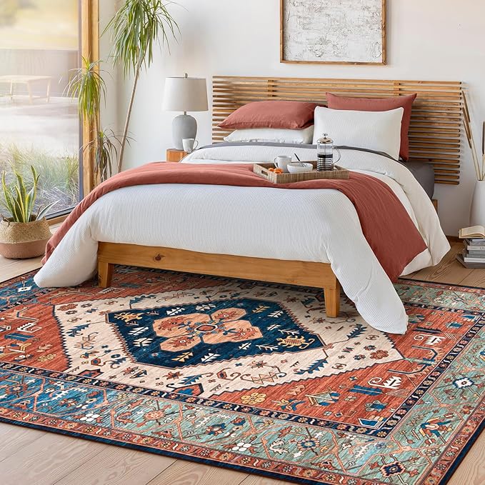 Lahome Oriental Washable Rug 6x9, Non-Slip Ultra-Thin Living Room Area Rug, Stain Resistant Vintage Carpet for Bedroom Dining Room Office