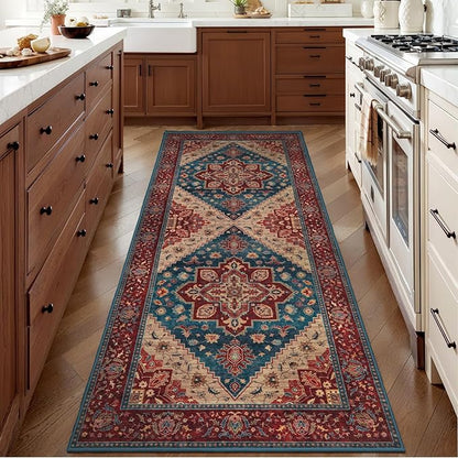 Tangsoo 2x6 Washable Runner Rug for Hallways, Non Slip Vintage Runner Rug, Soft Boho Low Pile Long Rug Runner, Print Distressed Red Carpet Runners for Kitchen Bedroom Entryway Living Room Oriental