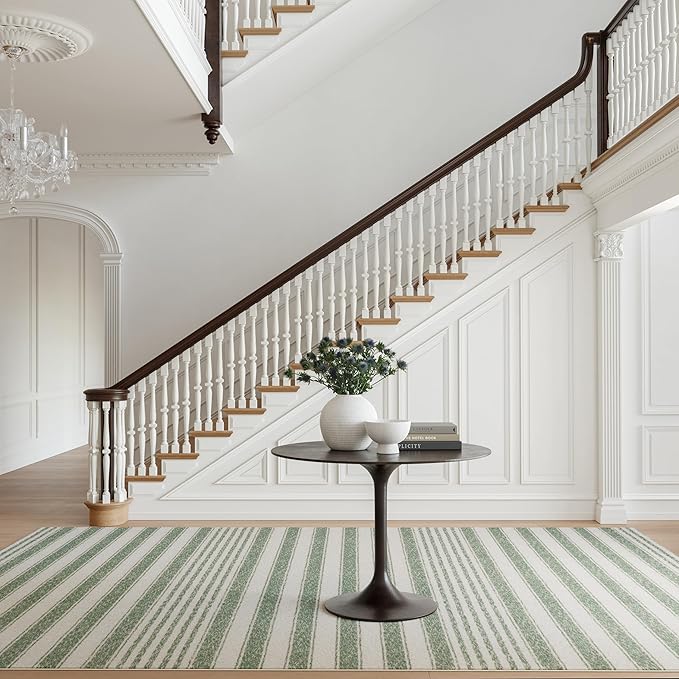 Dash & Albert Xaren Green Machine Washable Rug, 9.5 X 13.5 Feet, Green/Grey Stripe Pattern
