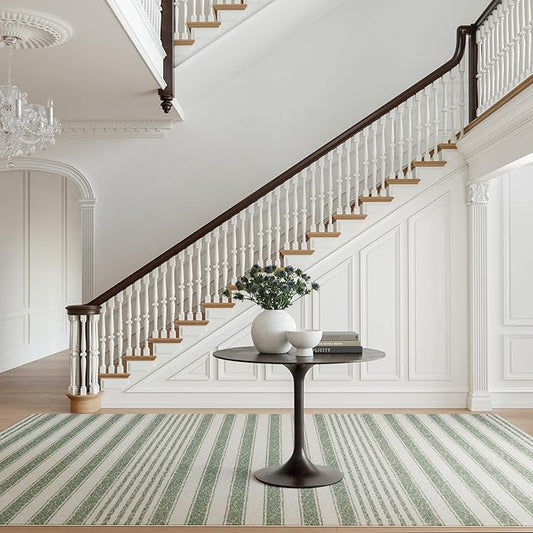 Dash & Albert Xaren Green Machine Washable Rug, 9.5 X 13.5 Feet, Green/Grey Stripe Pattern