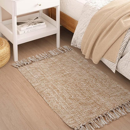 Collive Small Bathroom Rug, 2' x 3' Hand-Woven Low Profile Front Entryway Rug, Tan Cotton Reversible Washable Kitchen Mat Modern Farmhouse Carpet for Foyer Bedroom Back Door Decor