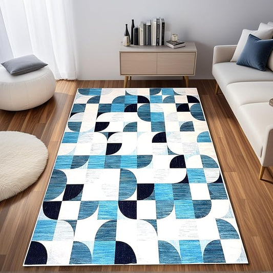 Modern Abstract Rugs Machine Washable, 4x6 Area Rugs for Bedroom Entryway Living Room Bedside Low-Pile, Boho Small Throw Floor Carpet Non Slip Soft Indoor Rug Ultra-Thin Navy Blue