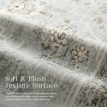 Phantoscope Washable Area Rug 4'x6' Non-Slip, Vintage Neutral Rugs for Living Room, Bedroom, Dining Room, Distressed Boho Medallion Pattern, Low-Pile Foldable Floor Carpet, Silver Grey/Taupe