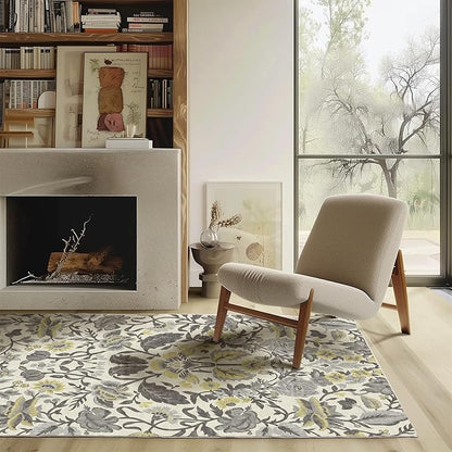 EVERGRACE Area Rugs for Living Room 4x6, Boho Floral Faux Wool Indoor Outdoor Rugs, Washable Rugs for Bedroom Entryway Dining Room Hallyway, Low Pile Floor Mat Carpet for Home Decor, Gray